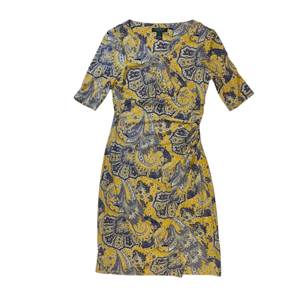 Lauren Ralph Lauren Paisley Ruched Sheath Dress Yellow Blue Size 4 Knee Length